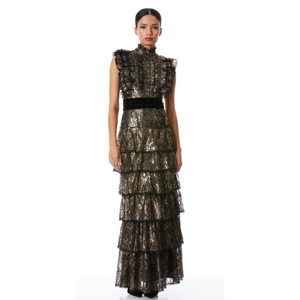 $1300 Alice + Olivia Tahara Gold Metallic Ruffle Sleeve Tiered Maxi Dress Gown S - Picture 5 of 13